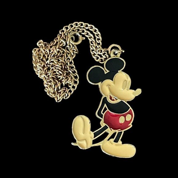 Disney Jewelry - Vintage Walt Disney MICKEY MOUSE Large Enamel Necklace Pendant Charm Gold Tone